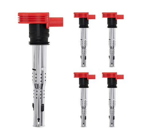 Set of five ignition coils, focus on Ignition Coil Pack UF575 Replacement for VW Jetta Beetle Audi engines, red and black design.
