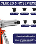 Image showing Heavy Duty Air Rivet Gun With Five Nosepieces For Automotive And Metalwork Built Tough For Quick No Fuss Riveting 3924 LBF Pneumatic Riveter Air Hydraulic Design Reducing Hand Fatigue Includes 3/32 1/8 5/32 3/16 1/4 Inch Tips with displayed nosepieces.