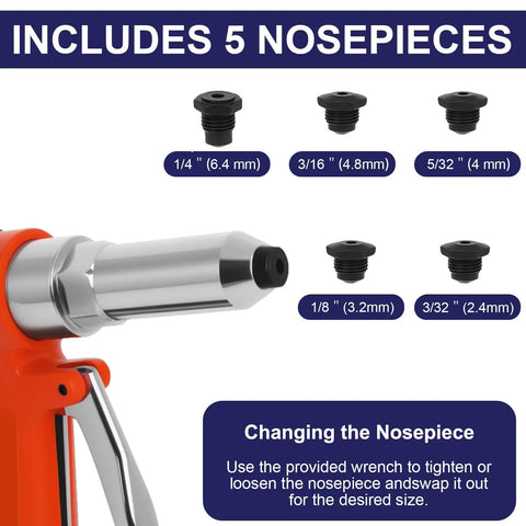 Image showing Heavy Duty Air Rivet Gun With Five Nosepieces For Automotive And Metalwork Built Tough For Quick No Fuss Riveting 3924 LBF Pneumatic Riveter Air Hydraulic Design Reducing Hand Fatigue Includes 3/32 1/8 5/32 3/16 1/4 Inch Tips with displayed nosepieces.