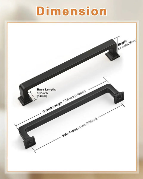 Matte Black Cabinet Pulls Pack Of 20, 5 Inch Length, 128mm Hole Center, solid metal dimensions illustration