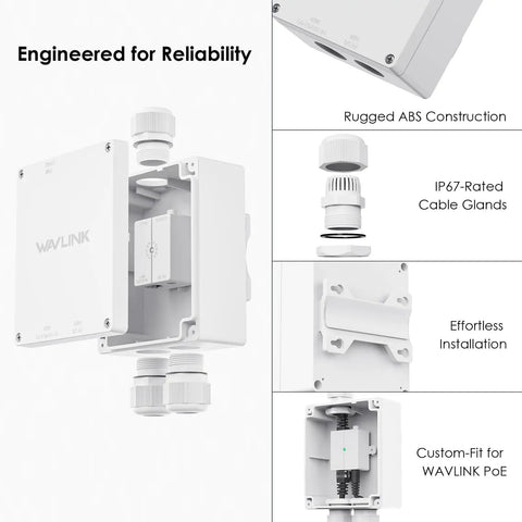 Rugged Outdoor PoE Enclosure Weatherproof IP67 Box For Outdoor WiFi Extender With Wall And Pole Mount Kit Fits WAVLINK models