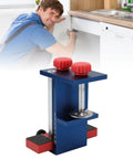 Rock Solid Cabinet Face Frame Clamps Hella Sturdy Aluminum Alloy Clamping Gear For Smooth Woodworking Installation and Precise Universal Alignment With Heavy Duty Grip, blue clamping tool with red knobs.