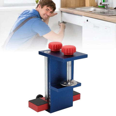 Rock Solid Cabinet Face Frame Clamps Hella Sturdy Aluminum Alloy Clamping Gear For Smooth Woodworking Installation and Precise Universal Alignment With Heavy Duty Grip, blue clamping tool with red knobs.