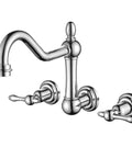 Vintage Tub Faucet Wall Mount 3 Hole 8 Inch Center Chrome Finish Solid Brass Construction Drip Free One Quarter Turn Ceramic Disc Cartridge 9.6 Inch Spout Reach Retro Bath Upgrade