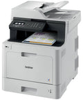 Heavy Duty Color Laser All In One Printer With Smooth Wireless Networking Auto Duplex Printing Mobile Scanning Alexa Ready For Crushing Your Daily Workload In Crisp White Finish, side view with printing sheet.