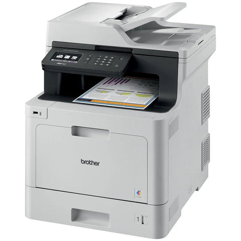 Heavy Duty Color Laser All In One Printer With Smooth Wireless Networking Auto Duplex Printing Mobile Scanning Alexa Ready For Crushing Your Daily Workload In Crisp White Finish, side view with printing sheet.