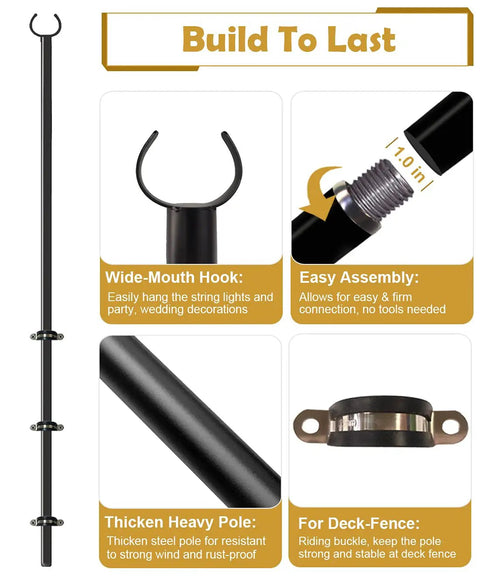 10 Ft Outdoor String Light Pole Stand For Deck Fence And Patio Railing showing assembly details and features