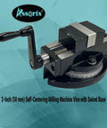 Heavy Duty Self Centering Milling Machine Vice With Swivel Base 2 Inch Jaw Capacity Rotates 360 Degrees, detailed view with handle.