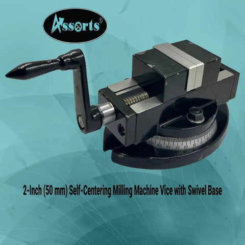 Heavy Duty Self Centering Milling Machine Vice With Swivel Base 2 Inch Jaw Capacity Rotates 360 Degrees, detailed view with handle.