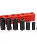 Tap Socket Wrench 8 Piece Adapter Set For Quick Threading And Ultra Secure Taps Fits All Number And Fractional Standard Taps Easy Storage Organization Durable Designed In The USA, black tap sockets with red organizer