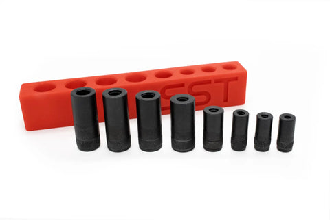 Tap Socket Wrench 8 Piece Adapter Set For Quick Threading And Ultra Secure Taps Fits All Number And Fractional Standard Taps Easy Storage Organization Durable Designed In The USA, black tap sockets with red organizer