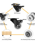 Heavy Duty 2 Inch Caster Wheels Set Of 4 Built Tough With Zero Noise Pu Tread And Dual Locking Brakes Rock Solid Steel Body Smooth Rolling Ball Bearing Platform Casters For Furniture Grey with 360° rotation feature and dustproof ring.