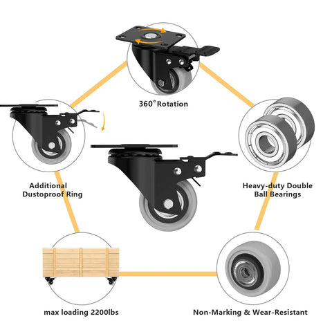 Heavy Duty 2 Inch Caster Wheels Set Of 4 Built Tough With Zero Noise Pu Tread And Dual Locking Brakes Rock Solid Steel Body Smooth Rolling Ball Bearing Platform Casters For Furniture Grey with 360° rotation feature and dustproof ring.