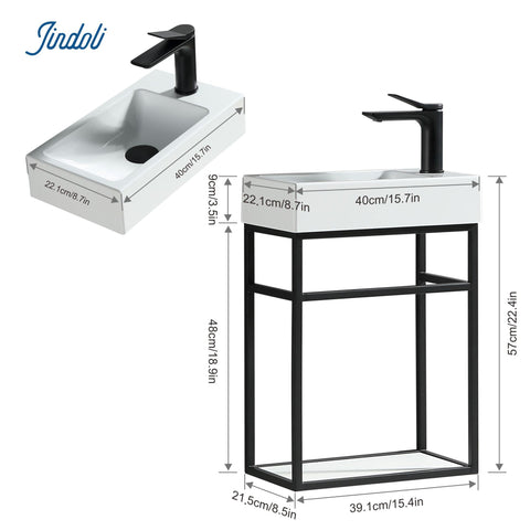 16 Inch Bathroom Vanity With Sink Combo For Small Spaces Industrial Wall Mounted Cabinet Set Modern Narrow Depth Bath Vanity For Tiny Bathrooms Space Saver Design With Built In Storage And Easy Install For Small Bathrooms, showing dimensions and black metal frame.