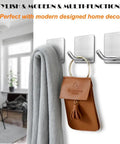 Heavy Duty Adhesive Towel Hooks 4 Pack Stainless Steel Self Adhesive Wall Hangers holding towel and bag in modern room