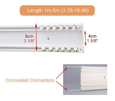 Double Tracks Ceiling Mount Curtain Rail With Hooks For Living Room And Bedroom Ultra Thin Aluminum Curtain Rod Smooth Noiseless Sliders Room Divider Track White Finish 1.9m Length, white aluminum double-track rail with concealed connectors