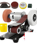 Tiny Electric Belt Sander Machine With Grinder Set For Knife Sharpening And Polishing Compact Desktop DIY Tool For Edges And Blades on a metal base.