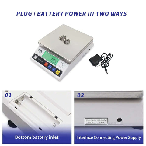 Pro Grade Industrial Counting Scale With 10 Kg Capacity And 0.1 Gram Precision, Fast Readouts, High Sensitivity Sensor, Tare And Counting Functions, Multi Unit Switchable For Lab Or Inventory Use, showing top view with plug and battery power options