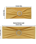 LEBENGURU gold spandex chair sash with rhinestone ring buckle, front view; 13.4 x 5.9 in, extends to 19.7 in