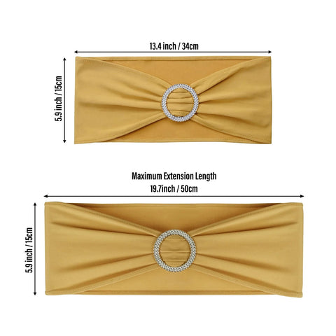 LEBENGURU gold spandex chair sash with rhinestone ring buckle, front view; 13.4 x 5.9 in, extends to 19.7 in