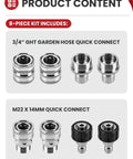 Image of Pressure Washer Quick Connect Kit Universal M22 14mm to 3/8 Inch Fittings showing 3/4 GHT and M22 adapters.