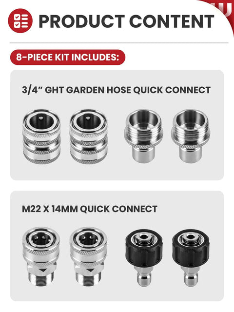 Image of Pressure Washer Quick Connect Kit Universal M22 14mm to 3/8 Inch Fittings showing 3/4 GHT and M22 adapters.