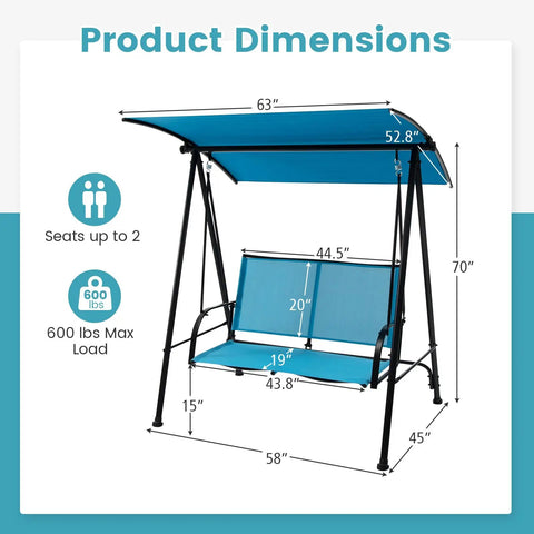 Outdoor Patio Swing For Two With Adjustable Canopy Heavy Duty Metal Frame Breathable Seat Fabric Dimensions Diagram
