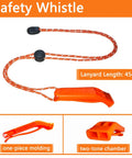 Ultra Loud Emergency Whistle 120dB Survival Signaling Whistle with orange ABS plastic, two-tone chambers, and lanyard.
