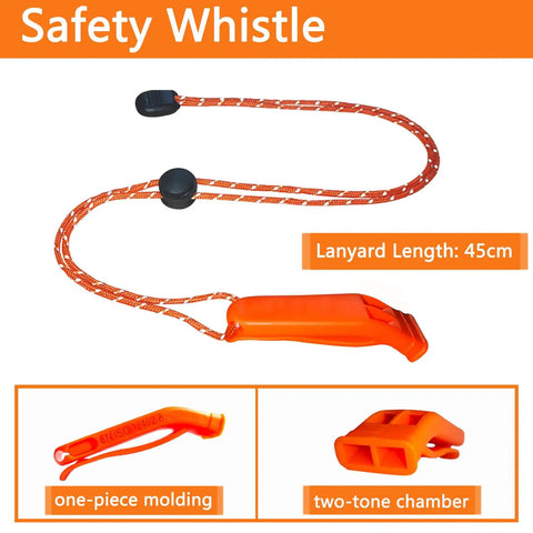 Ultra Loud Emergency Whistle 120dB Survival Signaling Whistle with orange ABS plastic, two-tone chambers, and lanyard.