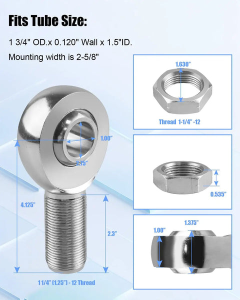 Beefy Heavy Duty 1.25 Inch Rod End Heim Joint Kit With Left And Right Threads For 1.75 Inch OD Tubing 0.120 Inch Wall And Two And Five Eighths Inch Mounting Width 12 TPI Shafts Includes Both Sides, threaded rod end and hardware