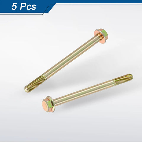 Top Shelf M8-1.25 Hex Flange Bolts Set Including Five Piece Zinc Plated Carbon Steel Fasteners With Partial Thread Design And Badass Grip Strength For Heavy Duty Garage Builds set showcasing two M8 hex flange bolts.