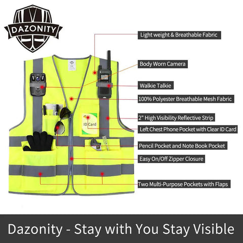High Visibility Safety Vest With Reflective Strips And Zipper, 10 Packs For Men And Women, multiple pockets, Yellow XL front view