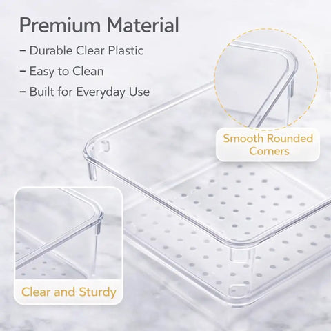 Close-up of 13 Piece Clear Drawer Organizer Set For Bathroom And Kitchen with smooth rounded corners and sturdy plastic design.