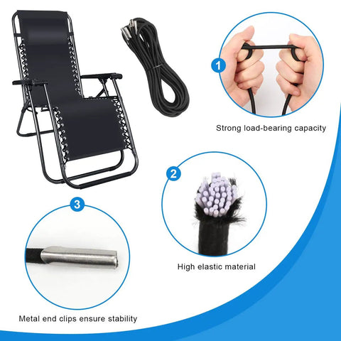 Heavy Duty Replacement Elastic Cords For Zero Gravity Chairs 4 Pack Universal Black Rubber Bungee Straps shown with a lounge chair.