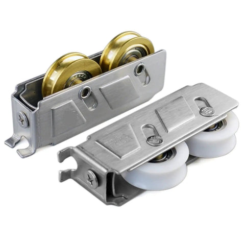 Ridiculously Smooth Stainless Steel Double Wheel Cabinet Rollers for Sliding Doors and Windows with gold and white wheels.