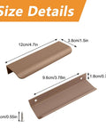 Size details of 120mm curved aluminum finger edge drawer pulls from the 16 pack, showing brown modern style cabinet handles dimensions.