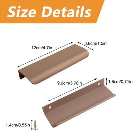 Size details of 120mm curved aluminum finger edge drawer pulls from the 16 pack, showing brown modern style cabinet handles dimensions.