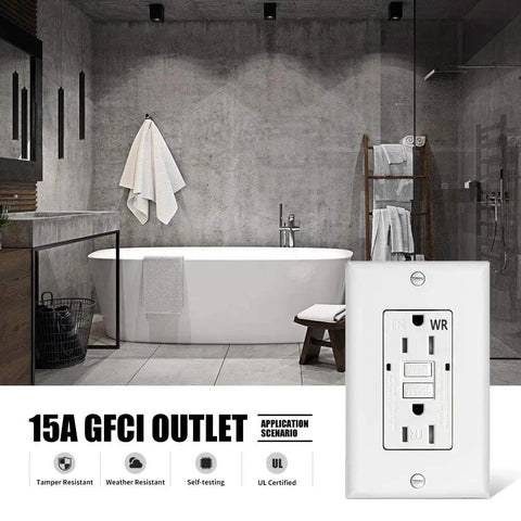 Weather Resistant GFCI Outlet 15 Amp Self Testing Tamper Resistant Duplex Receptacle For Indoor Outdoor Use With LED Indicator UL Listed White Decor Wall Plate Included