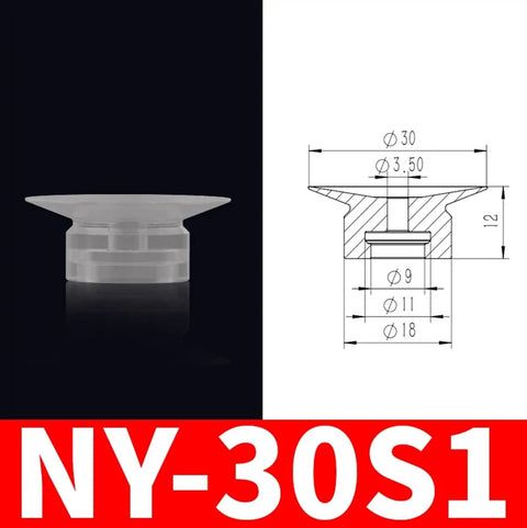Durable Ny-30s1 Pneumatic Air Fitting Manipulator With Industrial Vacuum Rubber Suction Cup Chuck front view with size measurements.