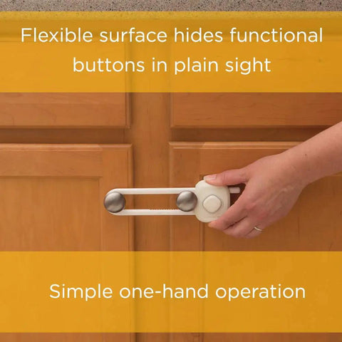 Person using OutSmart Slide Lock Four Pack Kidproof Cabinet And Drawer Latches Easy One Hand Operation No Drilling Required Hidden