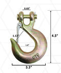 Four Pack 3/8 Inch Grade 70 Forged Clevis Slip Hooks With Safety Latch 21600 Lbs Break Strength Heavy Duty Truck Tow Rigging Gear, close-up dimensions.