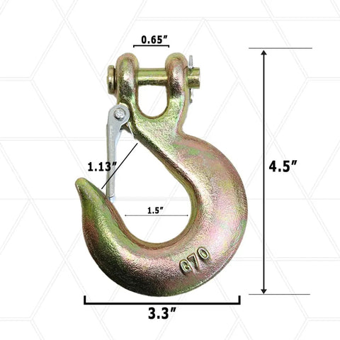 Four Pack 3/8 Inch Grade 70 Forged Clevis Slip Hooks With Safety Latch 21600 Lbs Break Strength Heavy Duty Truck Tow Rigging Gear, close-up dimensions.