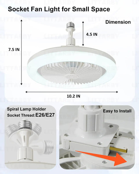 Screw In Ceiling Fan Light With Remote, Dimmable Led Bulb And Wireless Mini Breeze Maker, Hassle Free No Wiring Setup, dimensions 10.2 IN diameter, white.