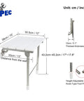 Specifications diagram for Height Adjustable Folding Shower Seat Wall Mounted With Legs, dimensions in cm/inches shown, white.
