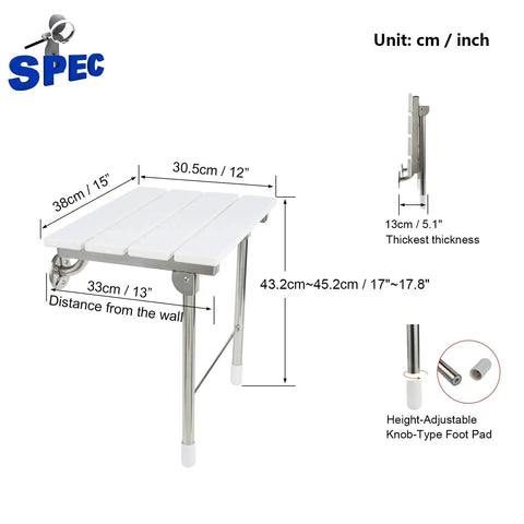 Specifications diagram for Height Adjustable Folding Shower Seat Wall Mounted With Legs, dimensions in cm/inches shown, white.