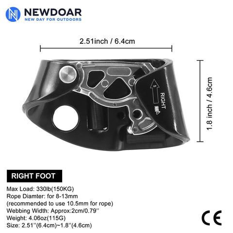 Right Foot Ascender for Climbing and Rappelling Pro Grade Lightweight Aluminum Magnesium Alloy Riser for 8 to 13 mm Rope