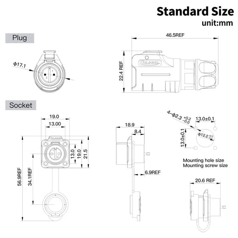 Dimensions of 2 Pin M12 Waterproof Panel Mount Connector DC 12V For AV Systems IP68 Rated Plug And Socket, Rugged PBT Plastic