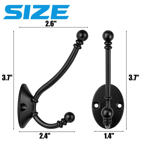 Heavy Duty Black Wall Mounted Coat Hooks 10 Pack With Complete Hardware Kit No Fuss Setup shown with dimensions.
