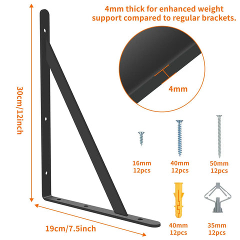 Built Like A Tank Heavy Duty Shelf Brackets 12 X 8 Inch 6 Pack Wall Mount L Brackets Black Steel support diagram with measurements.