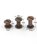 Knockout Red Copper Leather Rivet Assorted Kit With Slick Slotted And Phillips Head Bookbinding Posts sizes 5mm 6mm 10mm displayed with dimensions.